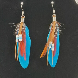 Blue Feather and Leather Earrings